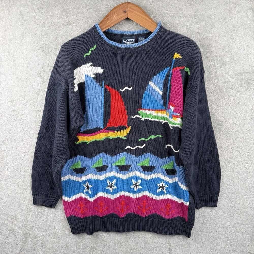 Best American Clothing Co Sweater Womens L Navy Nautical Sailboat VTG 90s